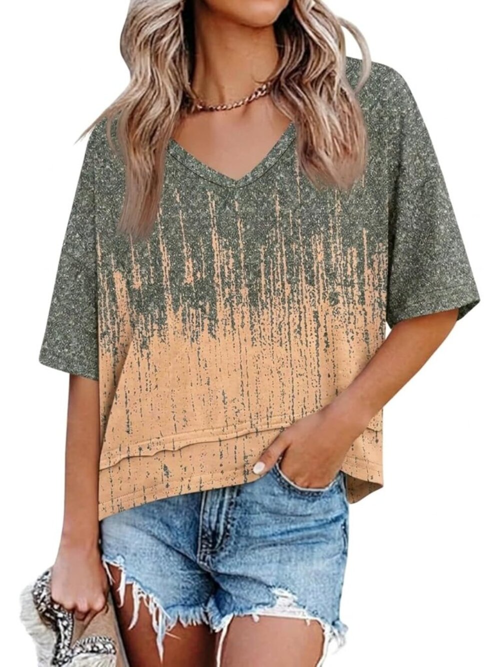 Women's Grey Orange Summer V Neck T Shirts Casual Short Sleeve Tops Cute Loose